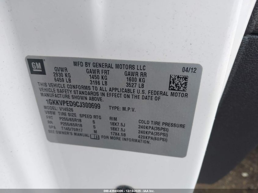 2012 GMC Acadia Sle VIN: 1GKKVPED9CJ300699 Lot: 43945306