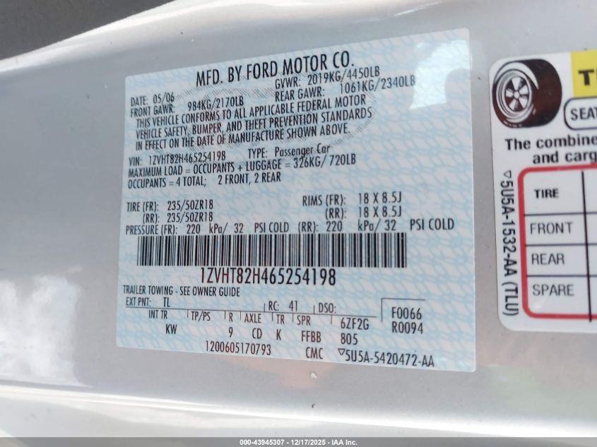 2006 Ford Mustang Gt VIN: 1ZVHT82H465254198 Lot: 43945307