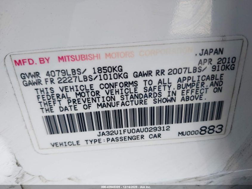 2010 Mitsubishi Lancer De VIN: JA32U1FU0AU029312 Lot: 43945309