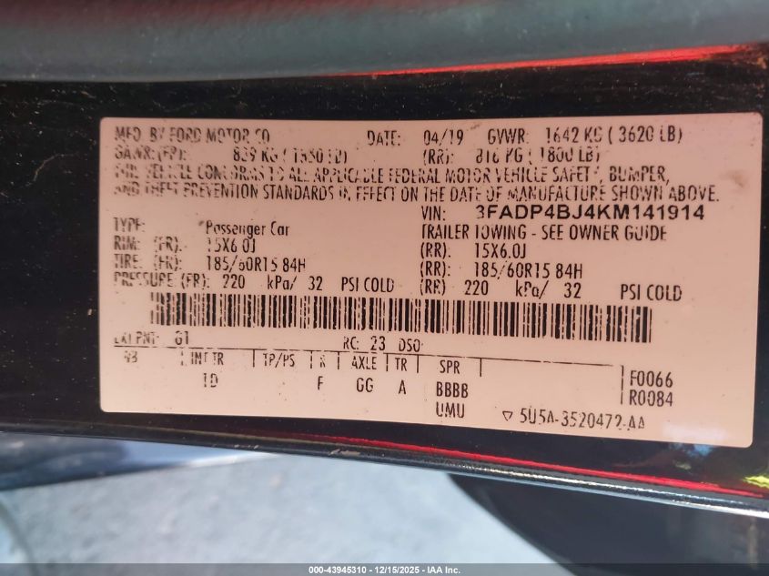 2019 Ford Fiesta Se VIN: 3FADP4BJ4KM141914 Lot: 43945310