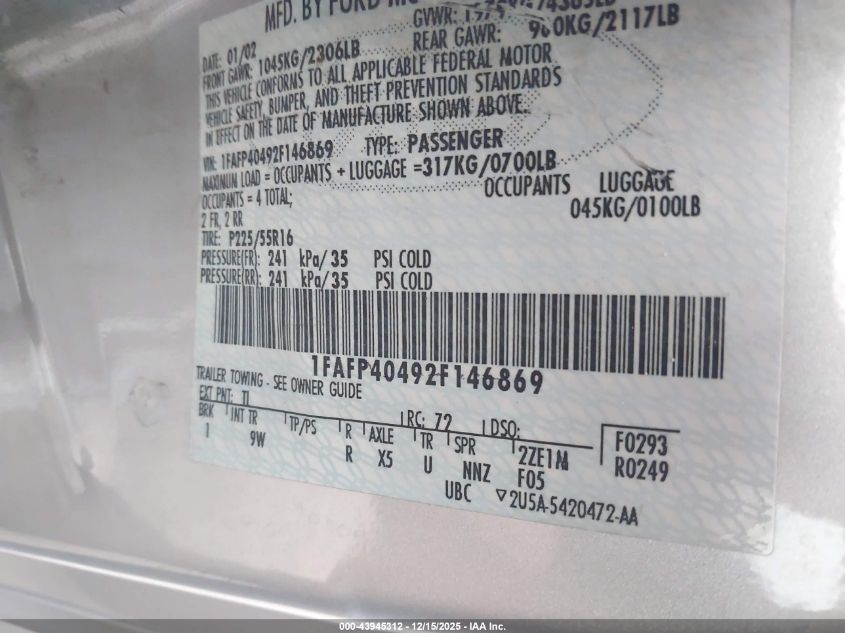 2002 Ford Mustang VIN: 1FAFP40492F146869 Lot: 43945312