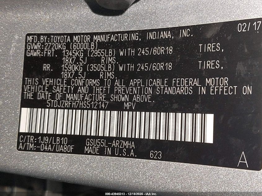 2017 Toyota Highlander Xle VIN: 5TDJZRFH7HS512147 Lot: 43945313