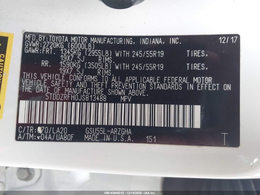 2018 Toyota Highlander Limited Platinum VIN: 5TDDZRFH0JS813488 Lot: 43945315