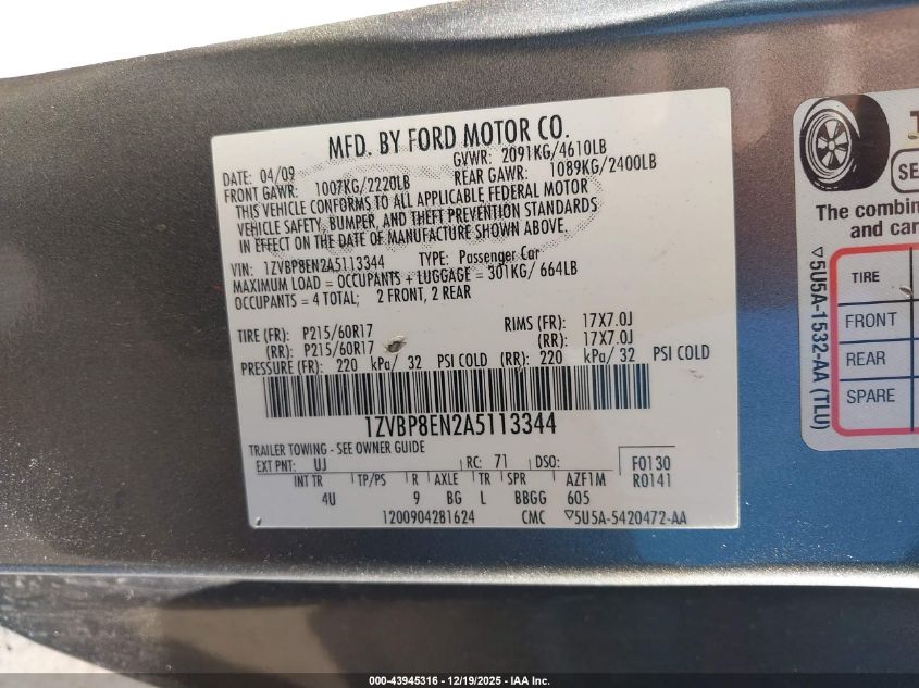 2010 Ford Mustang V6 Premium VIN: 1ZVBP8EN2A5113344 Lot: 43945316