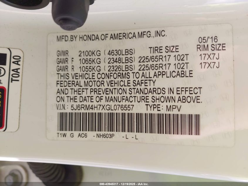2016 Honda Cr-V Ex-L VIN: 5J6RM4H7XGL076557 Lot: 43945317