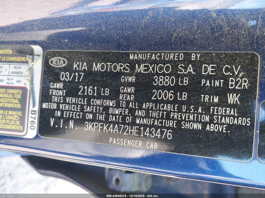 2017 Kia Forte Lx VIN: 3KPFK4A72HE143476 Lot: 43945318