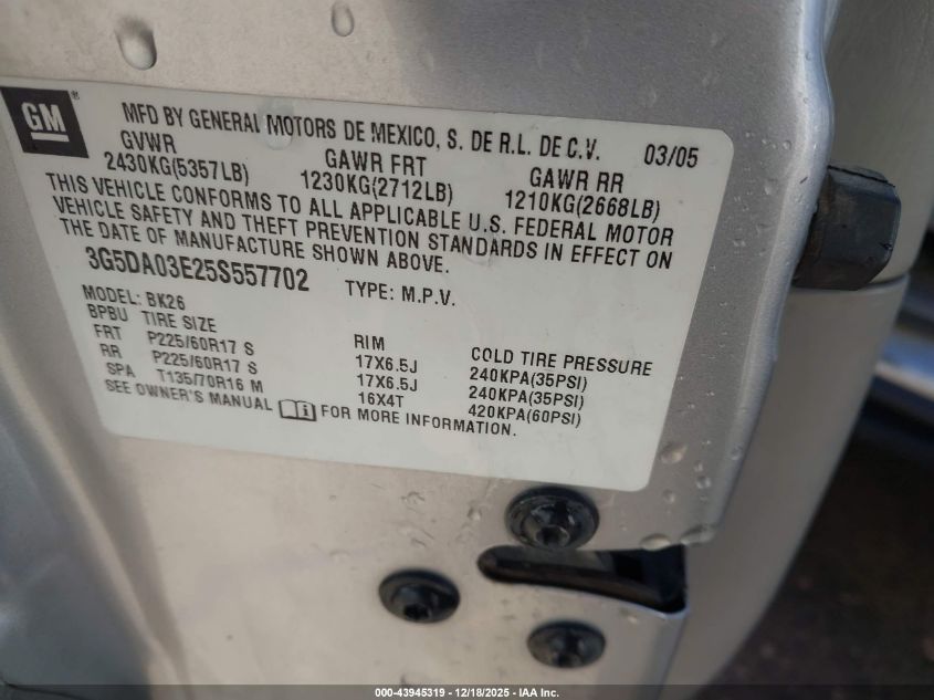 2005 Buick Rendezvous Cx VIN: 3G5DA03E25S557702 Lot: 43945319