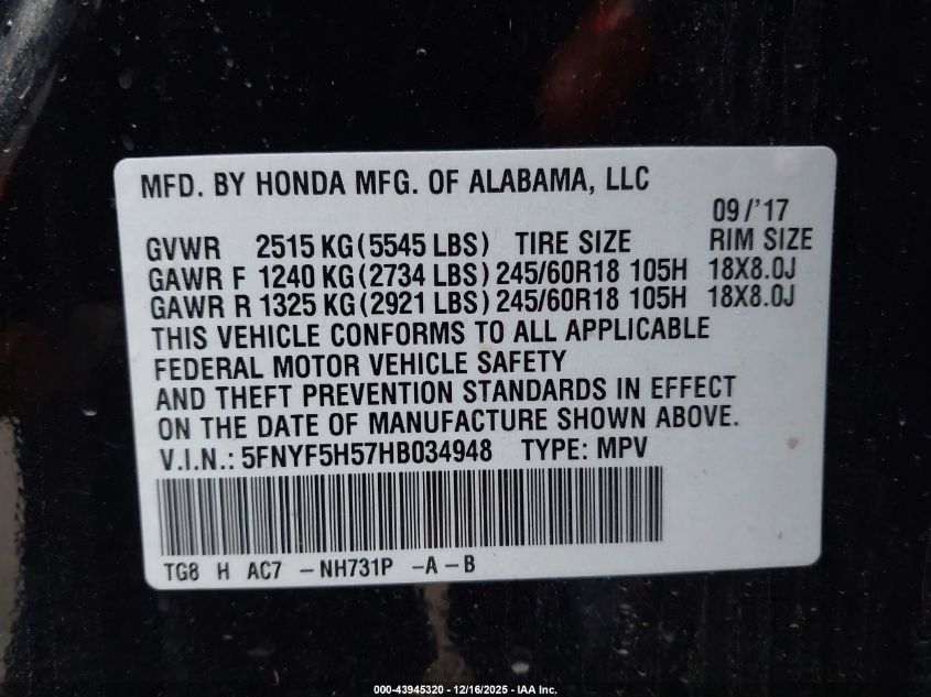 2017 Honda Pilot Ex-L VIN: 5FNYF5H57HB034948 Lot: 43945320