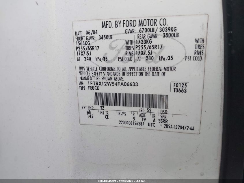 2004 Ford F-150 Stx/Xl/Xlt VIN: 1FTRX12W54FA06633 Lot: 43945321