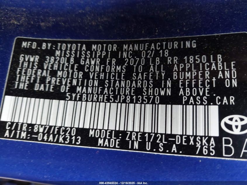 2018 Toyota Corolla Se VIN: 5YFBURHE5JP813570 Lot: 43945324