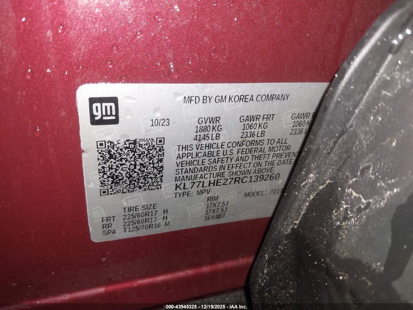 2024 Chevrolet Trax Fwd Lt VIN: KL77LHE27RC139260 Lot: 43945325