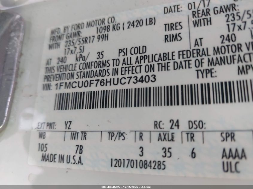 2017 Ford Escape S VIN: 1FMCU0F76HUC73403 Lot: 43945327