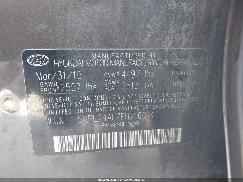 2015 Hyundai Sonata Se VIN: 5NPE24AF7FH216014 Lot: 43945328