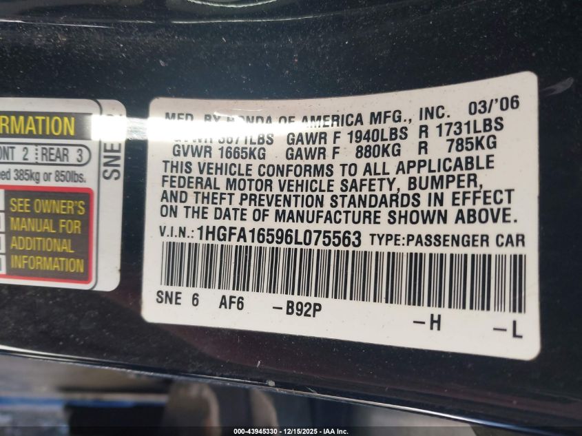 2006 Honda Civic Lx VIN: 1HGFA16596L075563 Lot: 43945330