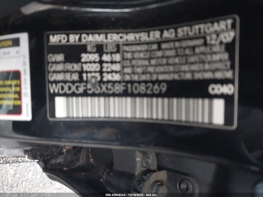 WDDGF56X58F108269 2008 MERCEDES-BENZ C-KLASSE photo no. 9