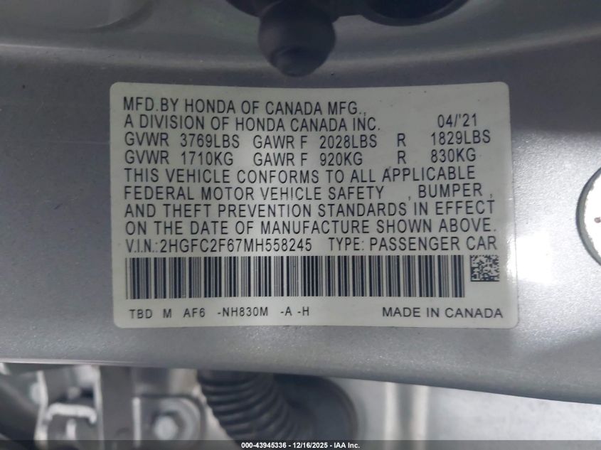2021 Honda Civic Lx VIN: 2HGFC2F67MH558245 Lot: 43945336