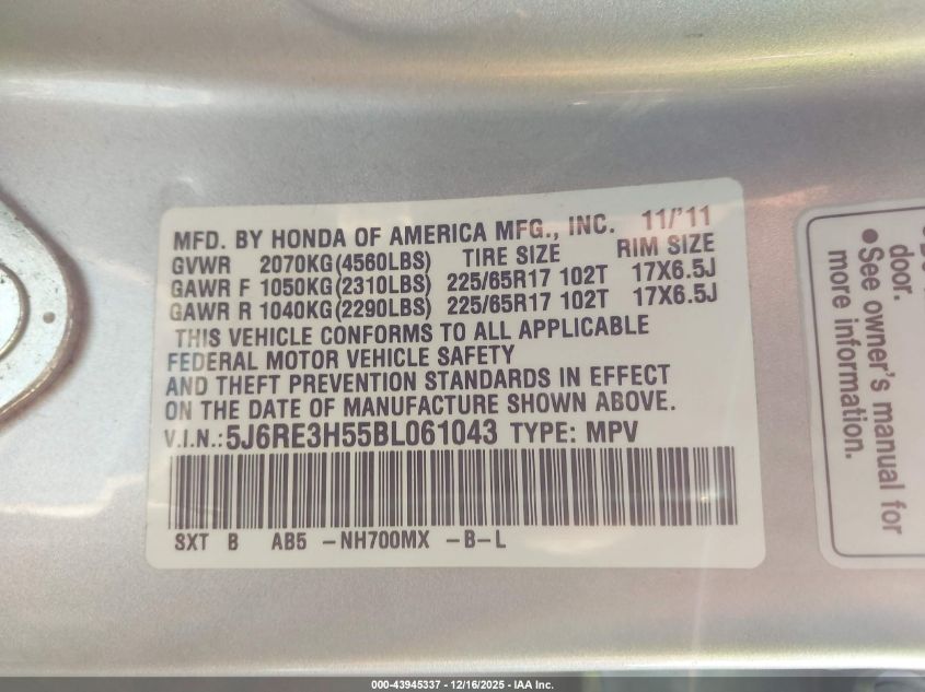 2011 Honda Cr-V Ex VIN: 5J6RE3H55BL061043 Lot: 43945337