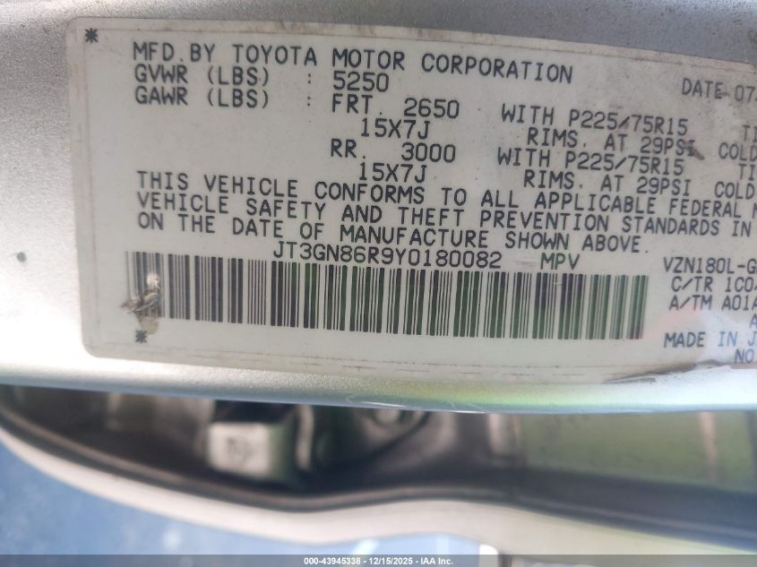 2000 Toyota 4Runner Sr5 V6 VIN: JT3GN86R9Y0180082 Lot: 43945338