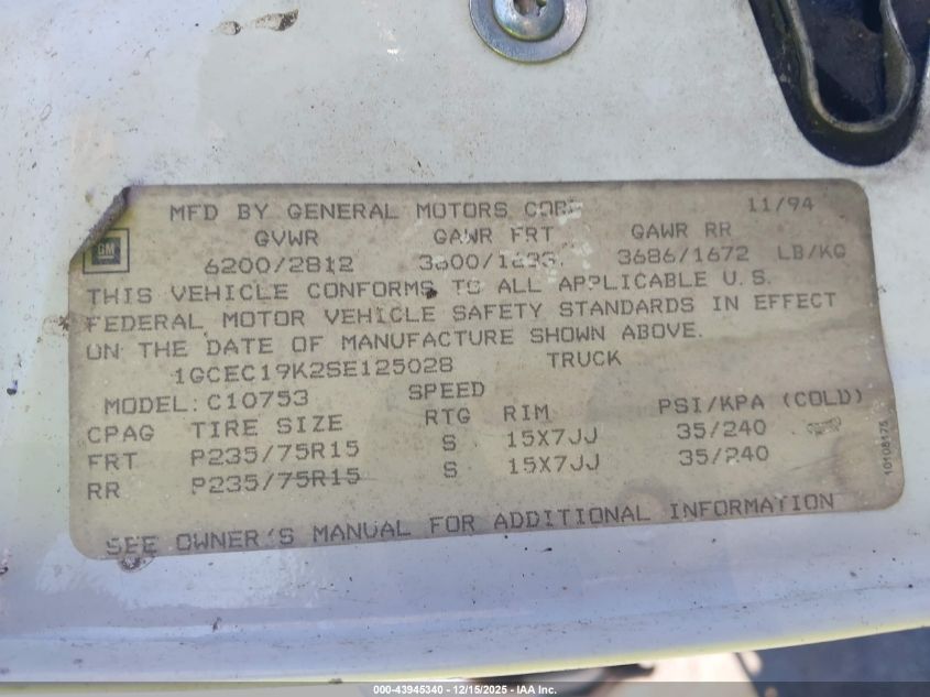 1995 Chevrolet Gmt-400 C1500 VIN: 1GCEC19K2SE125028 Lot: 43945340