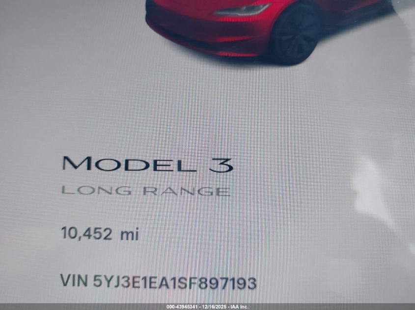 2025 Tesla Model 3 Long Range Rear-Wheel Drive/Standard Rear-Wheel Drive VIN: 5YJ3E1EA1SF897193 Lot: 43945341