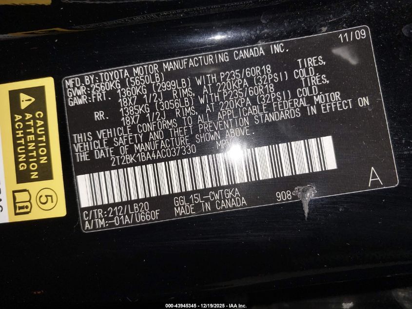 2010 Lexus Rx 350 VIN: 2T2BK1BA4AC037330 Lot: 43945345