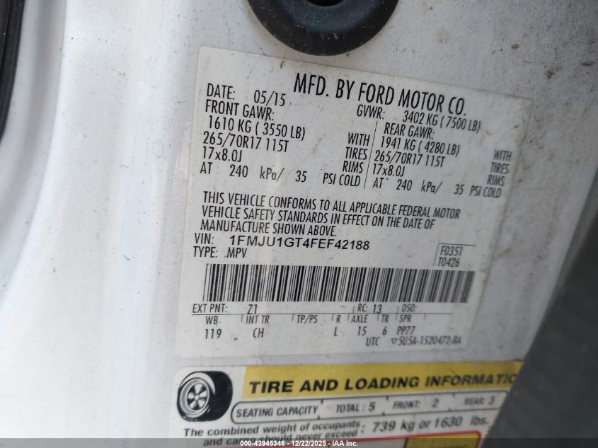 2015 Ford Expedition Xl VIN: 1FMJU1GT4FEF42188 Lot: 43945346