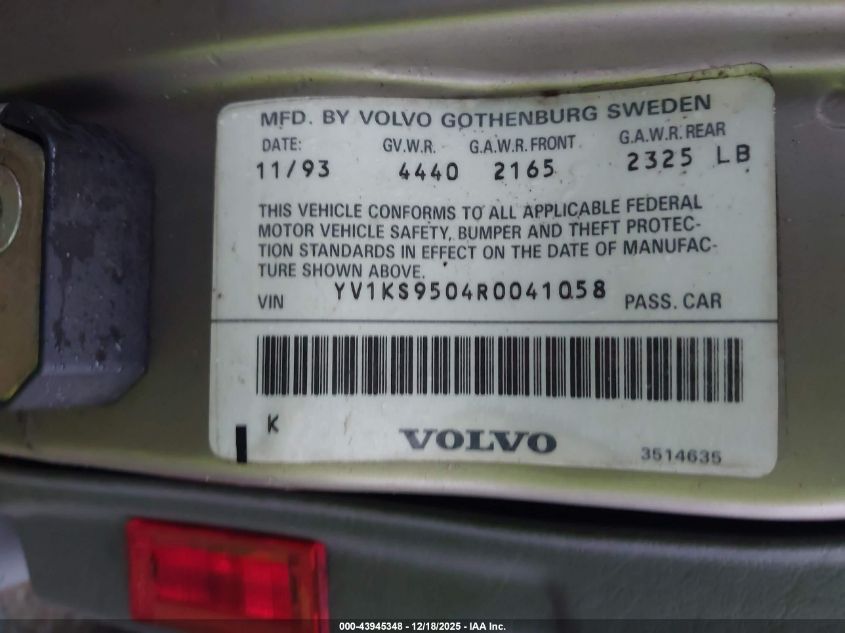 1994 Volvo 960 VIN: YV1KS9504R0041058 Lot: 43945348