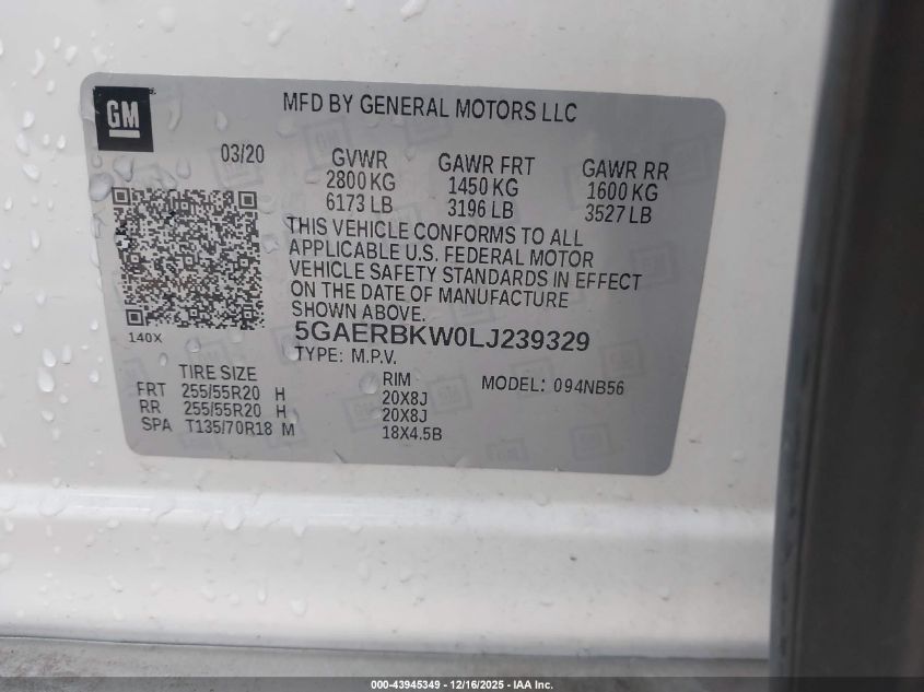 2020 Buick Enclave Fwd Essence VIN: 5GAERBKW0LJ239329 Lot: 43945349