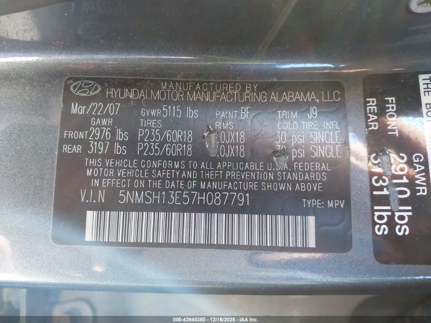 2012 Hyundai Santa Fe Limited V6 VIN: 5XYZK4AG6CG105371 Lot: 43945350