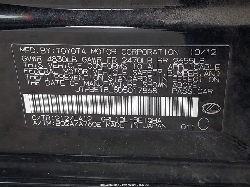 2013 Lexus Gs 350 VIN: JTHBE1BL8D5017868 Lot: 43945353