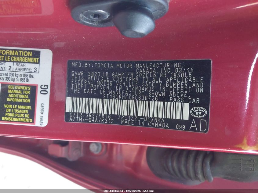 2016 Toyota Corolla Le VIN: 2T1BURHEXGC638726 Lot: 43945354