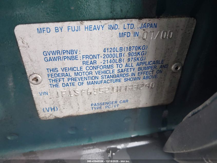 2001 Subaru Forester L VIN: JF1SF63521H733290 Lot: 43945356