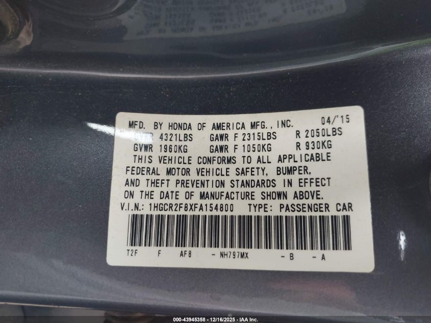 2015 Honda Accord Ex-L VIN: 1HGCR2F8XFA154800 Lot: 43945358