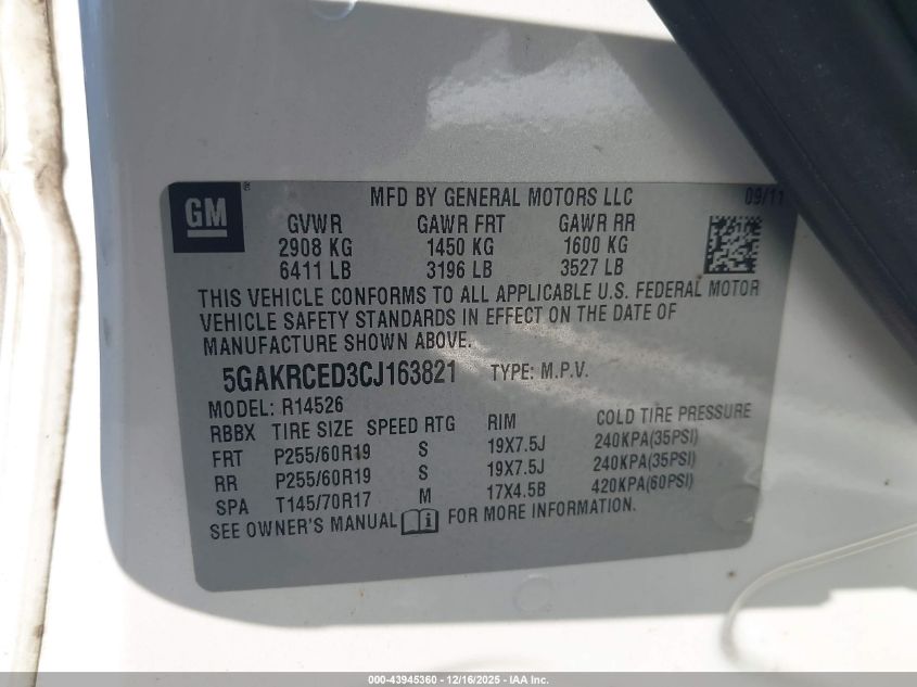 2012 Buick Enclave Leather VIN: 5GAKRCED3CJ163821 Lot: 43945360