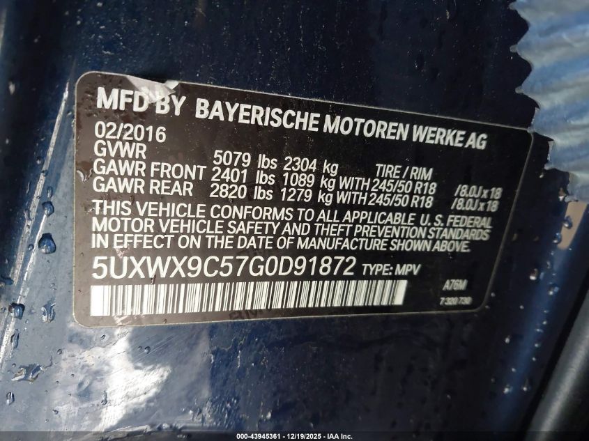 2016 BMW X3 xDrive28I VIN: 5UXWX9C57G0D91872 Lot: 43945361