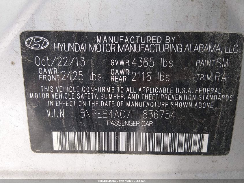 2014 Hyundai Sonata Gls VIN: 5NPEB4AC7EH836754 Lot: 43945362