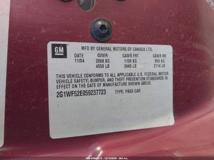 2005 Chevrolet Impala VIN: 2G1WF52E059237723 Lot: 43945372