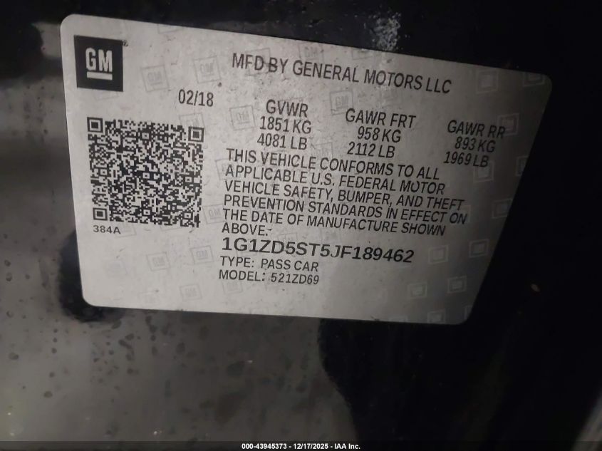 2018 Chevrolet Malibu Lt VIN: 1G1ZD5ST5JF189462 Lot: 43945373