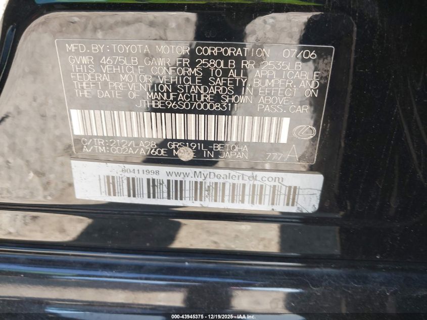2007 Lexus Gs 350 VIN: JTHBE96S070008311 Lot: 43945375