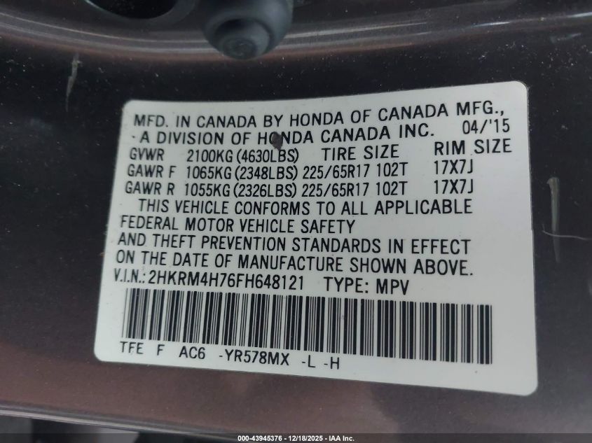 2015 Honda Cr-V Ex-L VIN: 2HKRM4H76FH648121 Lot: 43945376