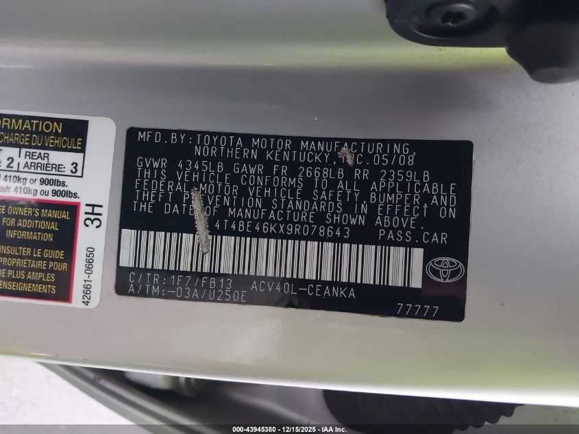 2009 Toyota Camry Le VIN: 4T4BE46KX9R078643 Lot: 43945380