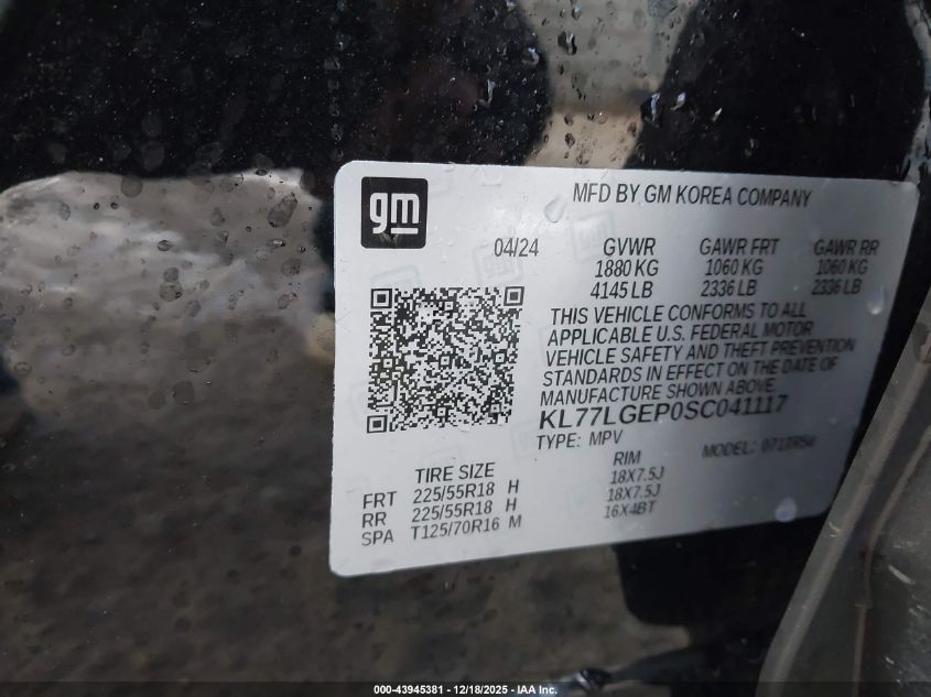 2025 Chevrolet Trax Fwd 1Rs VIN: KL77LGEP0SC041117 Lot: 43945381