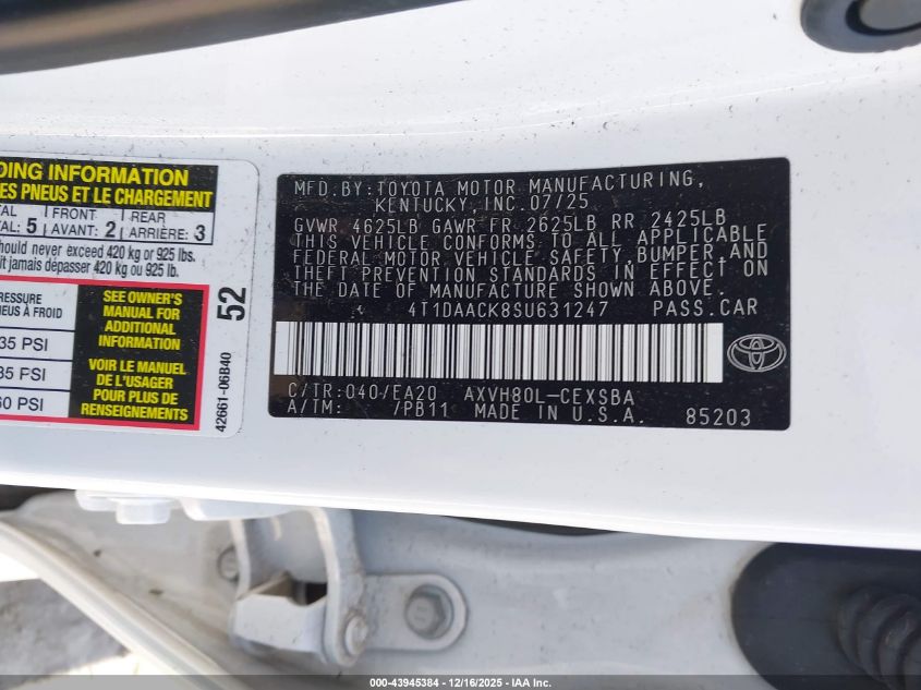 2025 Toyota Camry Se VIN: 4T1DAACK8SU631247 Lot: 43945384