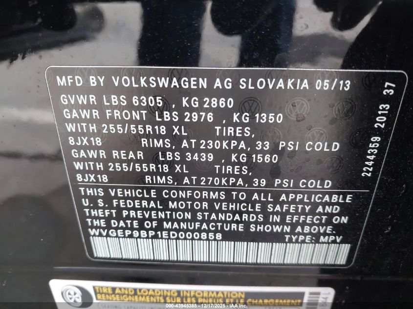 2014 Volkswagen Touareg Tdi Sport VIN: WVGEP9BP1ED000858 Lot: 43945385