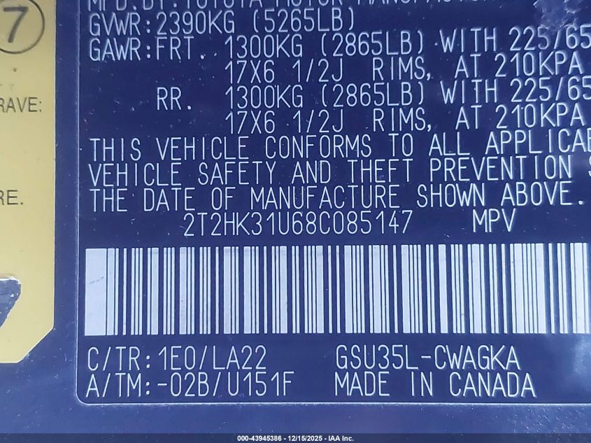 2008 Lexus Rx 350 VIN: 2T2HK31U68C085147 Lot: 43945386