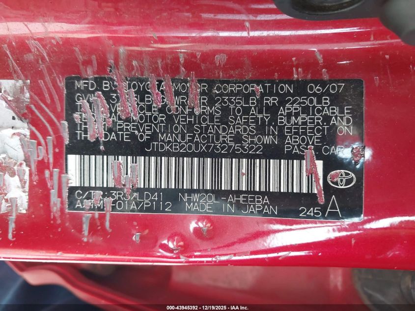 2007 Toyota Prius VIN: JTDKB20UX73275322 Lot: 43945392