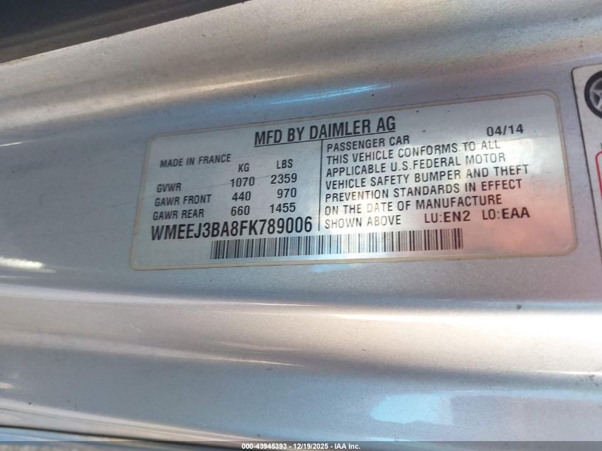 2015 Smart Fortwo Pure VIN: WMEEJ3BA8FK789006 Lot: 43945393