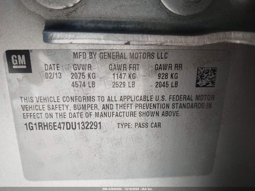 2013 Chevrolet Volt VIN: 1G1RH6E47DU132291 Lot: 43945394