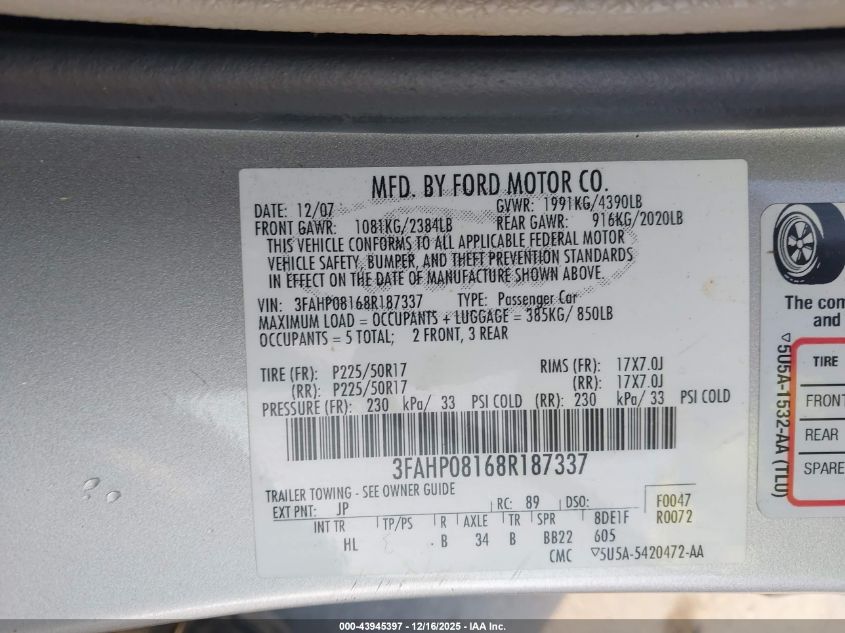 2008 Ford Fusion Sel VIN: 3FAHP08168R187337 Lot: 43945397