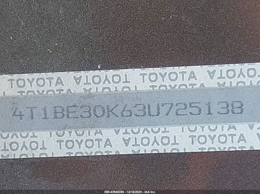 2003 Toyota Camry Le VIN: 4T1BE30K63U725138 Lot: 43945398